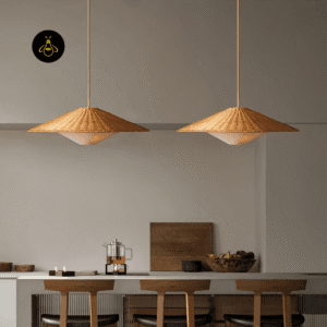 Two rattan hat pendant lights over a kitchen island in a warm living-dining room