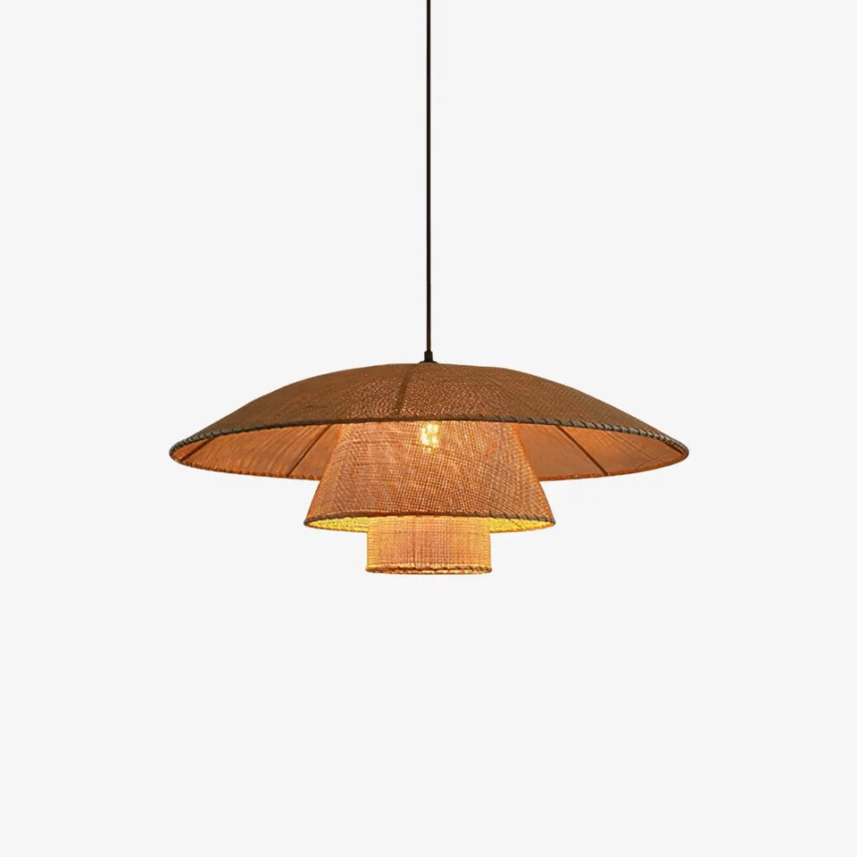 Rattan hat pendant light angled view showing the wide woven dome and tiered shades