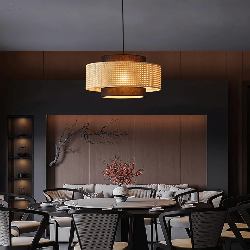 Japanese Rattan Pendant Light – Handwoven 40 cm Layered Drum, 2 Finishes 4 Woven rattan pendant light, back view showing the round ceiling canopy and adjustable cord
