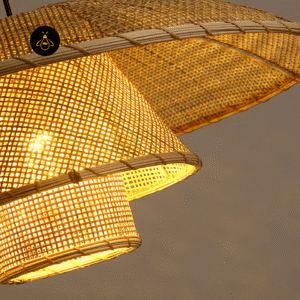Base view of the rattan hat pendant light showing the woven tiers and bulb housing