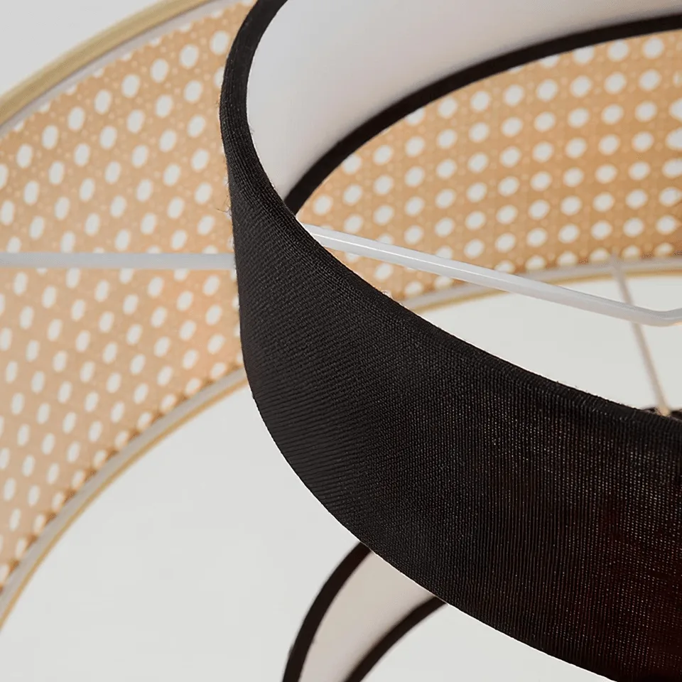 Japanese Rattan Pendant Light – Handwoven 40 cm Layered Drum, 2 Finishes 5 Close-up of the natural fibre pendant light shade — fine hemp-rope weave with a gold trim band