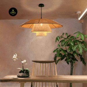Rattan hat pendant light in daylight showing natural hand-woven rattan tiers