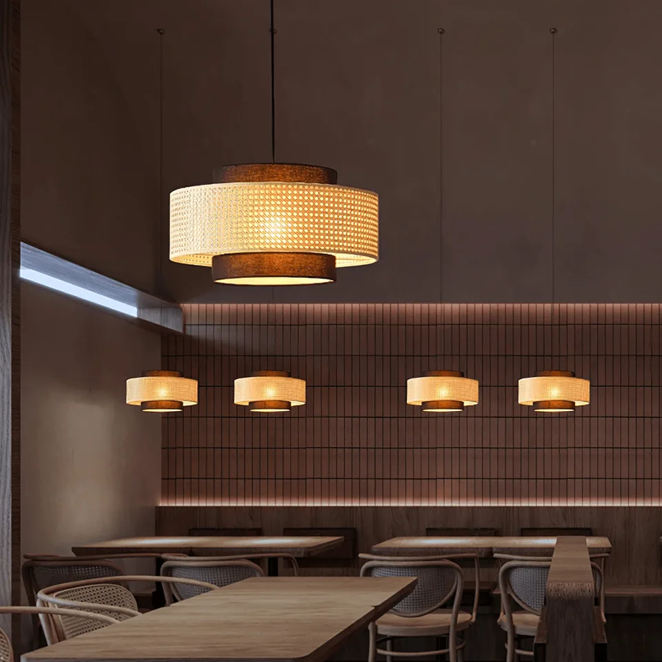 Japanese Rattan Pendant Light – Handwoven 40 cm Layered Drum, 2 Finishes 7 Rattan drum pendant light shown switched off in daylight, natural woven cane texture