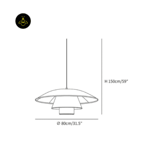 Rattan hat pendant light dimension drawing, 80 cm diameter and 150 cm drop