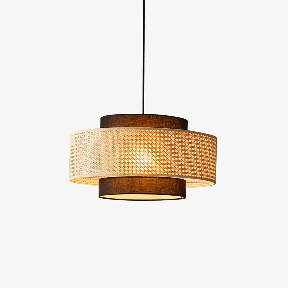 Japanese rattan pendant light in two-tone Drum Shade finish — layered woven cane drum for dining rooms