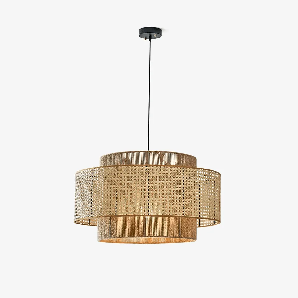 Japanese Rattan Pendant Light – Handwoven 40 cm Layered Drum, 2 Finishes 2 Japanese rattan pendant light in natural Concentric finish — handwoven cane and jute layered drum for living rooms