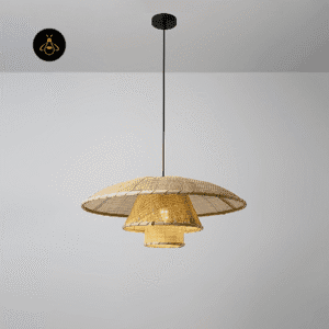 Rattan hat pendant light lit, warm glow filtering through the hand-woven rattan dome