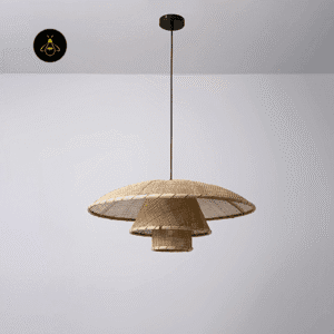Front view of the unlit rattan hat pendant light with a layered woven dome