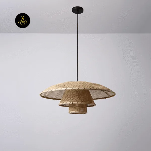 Unlit rattan ceiling light in natural handwoven rattan with a matte black canopy and cord, front view