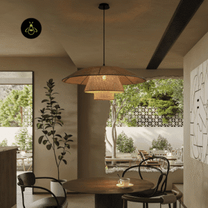 Large rattan hat pendant light over a round dining table in a villa