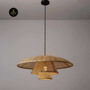 Side view of the rattan hat pendant light showing the saucer dome profile