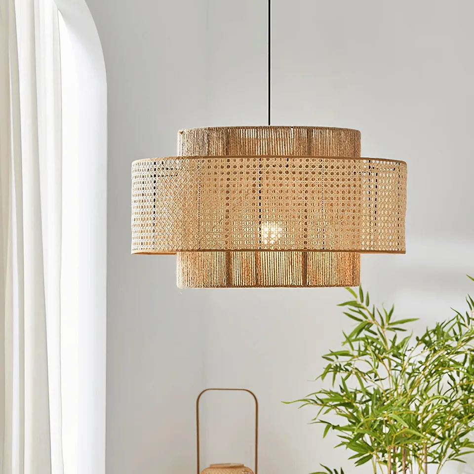 Japanese Rattan Pendant Light – Handwoven 40 cm Layered Drum, 2 Finishes 11 Side view of the Japanese rattan pendant light showing the tiered woven drum profile