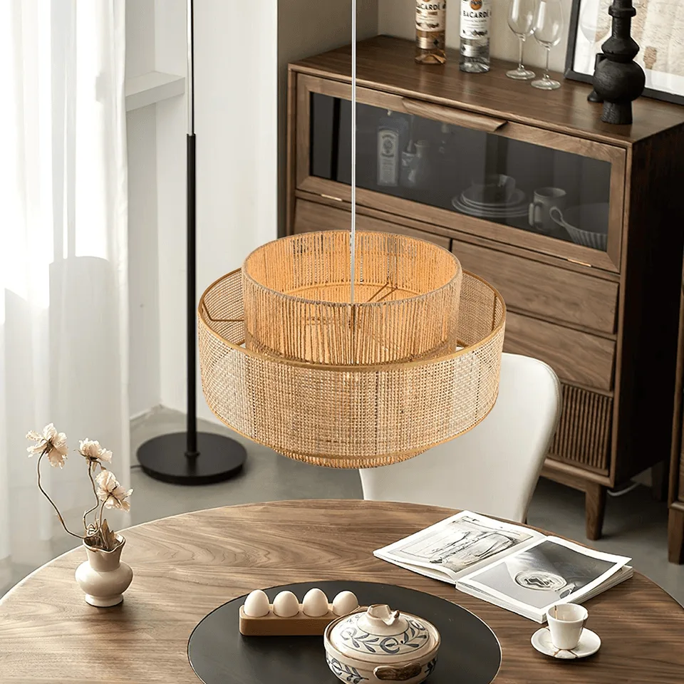 Japanese Rattan Pendant Light – Handwoven 40 cm Layered Drum, 2 Finishes 12 Top view of the woven rattan pendant light shade and round canopy
