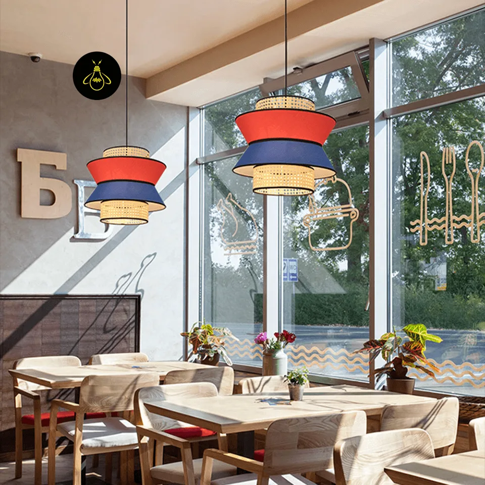 Rattan and Fabric Pendant Light – 4-Tier Layered Drum, Red & Blue | Jagmag Lights 3 Rattan and fabric pendant light angled view showing red and blue linen tiers and cane drums