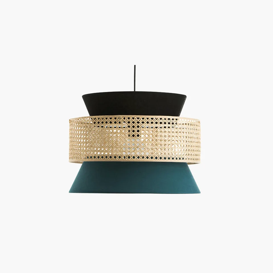 Rattan and fabric pendant light with black top, woven cane band and teal base, front view