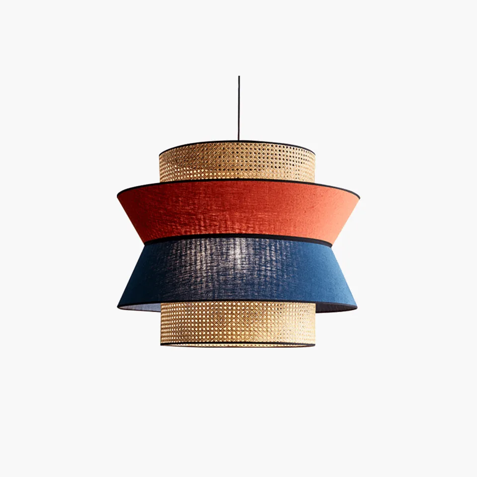 Rattan and fabric pendant light with red and blue tiered drum shade and woven cane for dining room