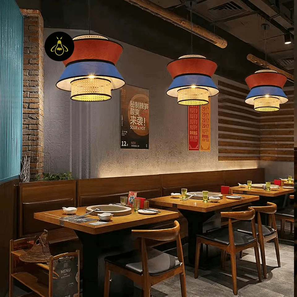 Rattan and Fabric Pendant Light – 4-Tier Layered Drum, Red & Blue | Jagmag Lights 4 Tiered rattan fabric drum pendant light in a contemporary dining space