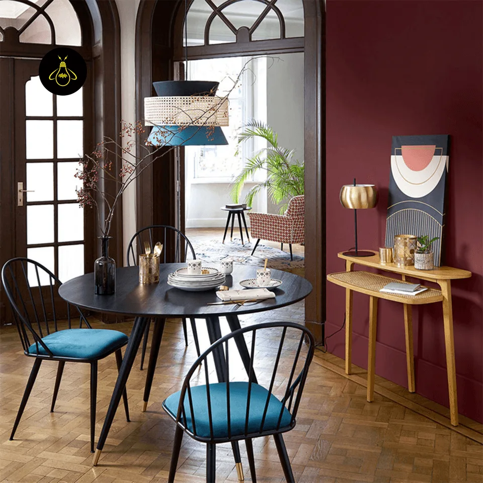 Rattan and Fabric Pendant Light – Teal & Cane Layered Drum, 3 Sizes | Jagmag Lights 3 Rattan and fabric pendant light hanging over a living room in a boho-style interior