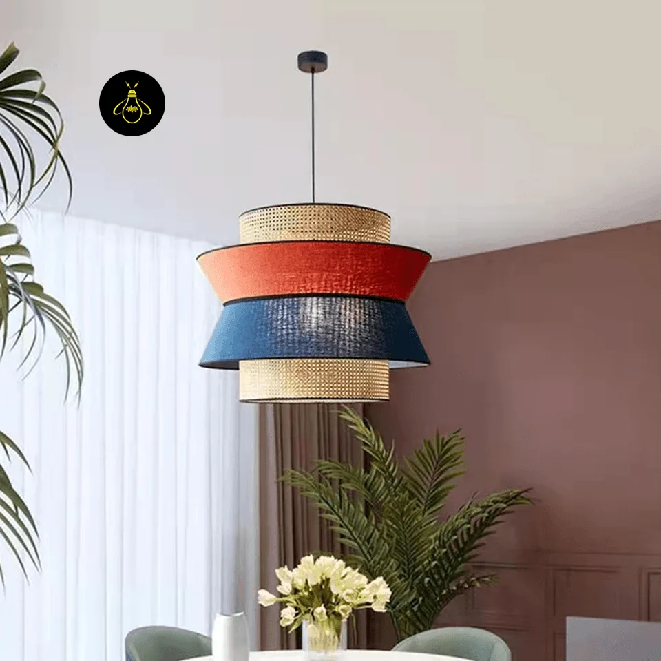 Rattan and Fabric Pendant Light – 4-Tier Layered Drum, Red & Blue | Jagmag Lights 2 Layered rattan and fabric pendant light hanging over a dining table in a modern room