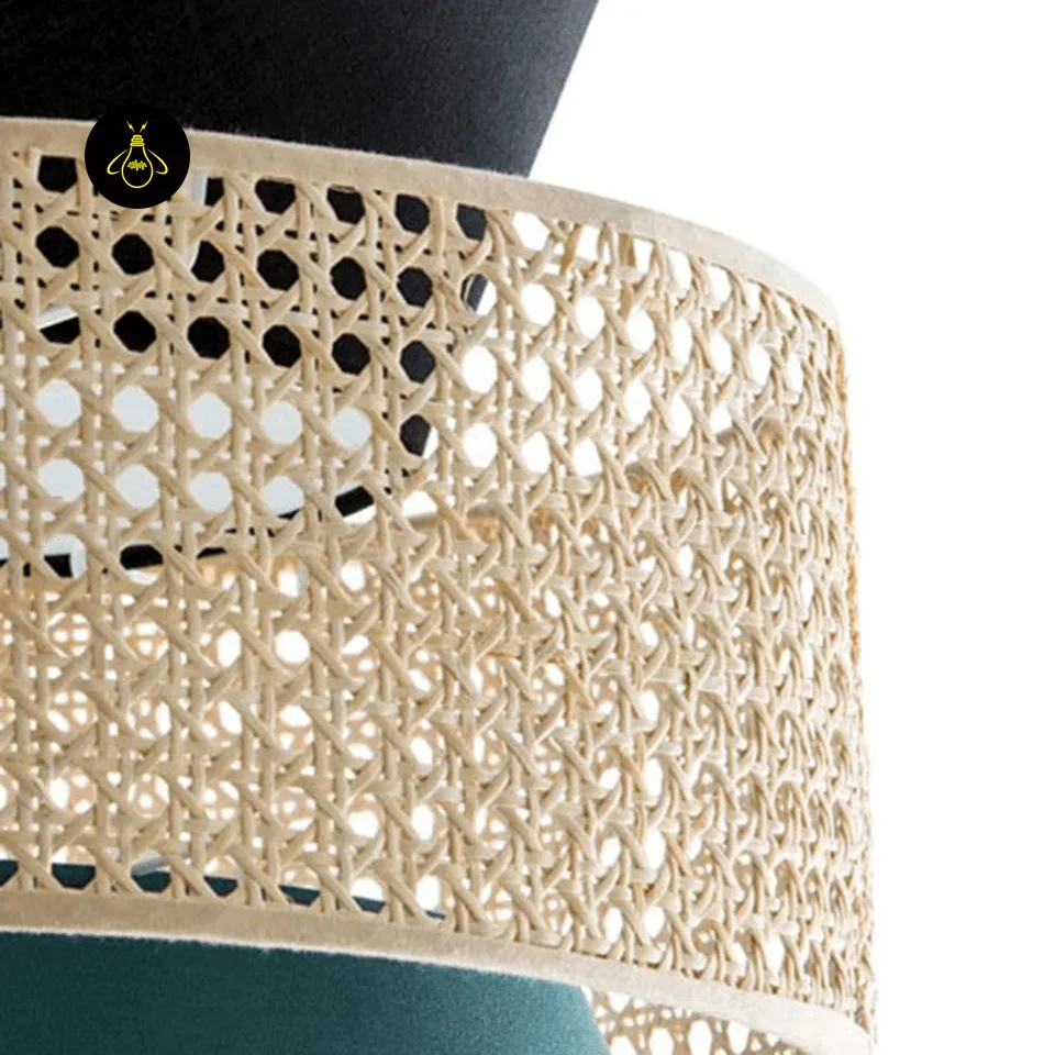 Rattan and Fabric Pendant Light – Teal & Cane Layered Drum, 3 Sizes | Jagmag Lights 4 Lit rattan and fabric pendant light showing warm glow and patterned light through the cane weave