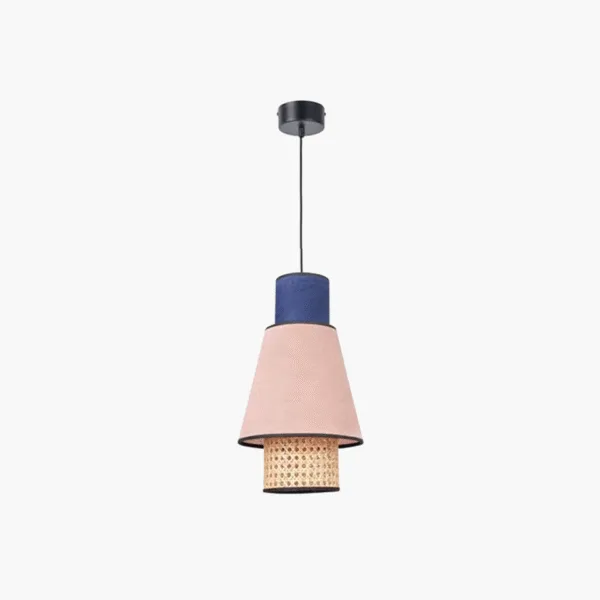 Floral fabric pendant light with blush-pink fabric cone and woven cane base for living room
