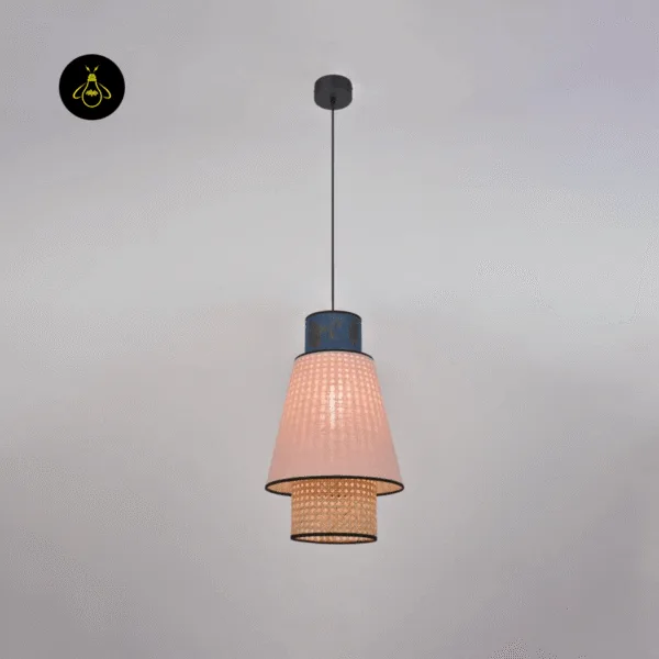 Floral fabric pendant light with royal-blue top and pink shade for a bedroom accent