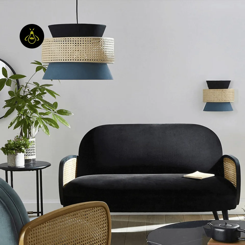 Rattan and Fabric Pendant Light – Teal & Cane Layered Drum, 3 Sizes | Jagmag Lights 5 Side view of the layered rattan and fabric drum pendant light with cane band