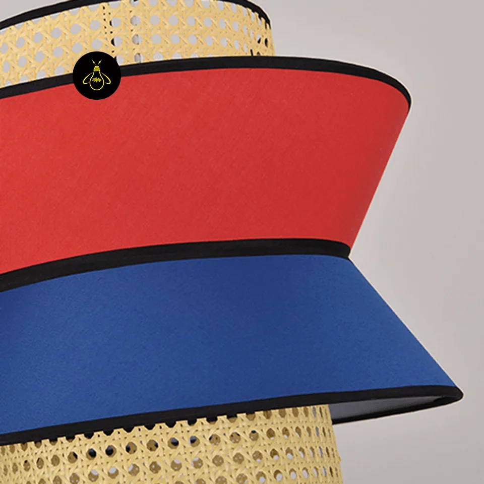 Rattan and Fabric Pendant Light – 4-Tier Layered Drum, Red & Blue | Jagmag Lights 6 Side view of rattan and fabric pendant light with red and blue fabric and rattan cane drums