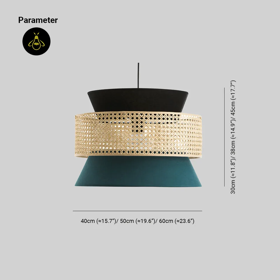Rattan and Fabric Pendant Light – Teal & Cane Layered Drum, 3 Sizes | Jagmag Lights 6 Rattan and fabric pendant light dimensions: 40, 50 and 60 cm diameter with 30, 38 and 45 cm heights