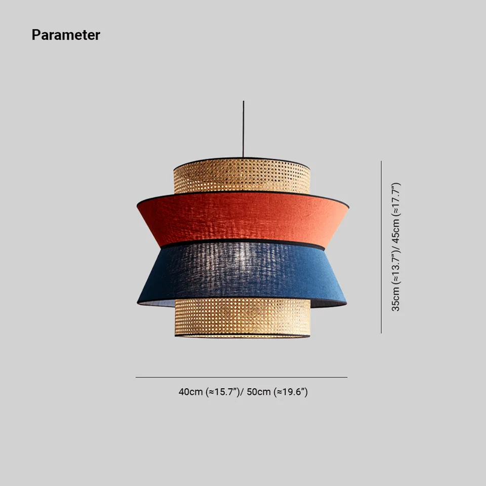 Rattan and Fabric Pendant Light – 4-Tier Layered Drum, Red & Blue | Jagmag Lights 7 Rattan and fabric pendant light dimension drawing, 40 to 50 cm diameter tiered drum shade