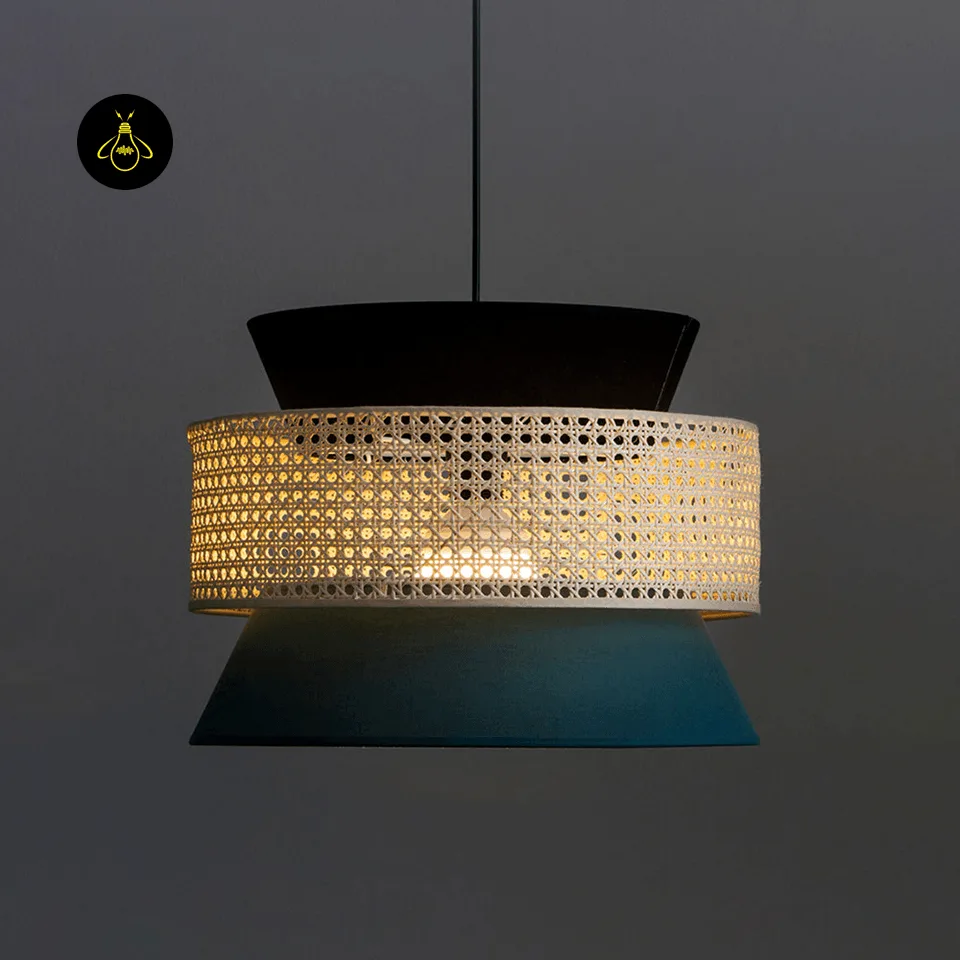 Rattan and Fabric Pendant Light – Teal & Cane Layered Drum, 3 Sizes | Jagmag Lights 2 Woven natural cane band and fabric tiers of the rattan and fabric pendant light, unlit close-up