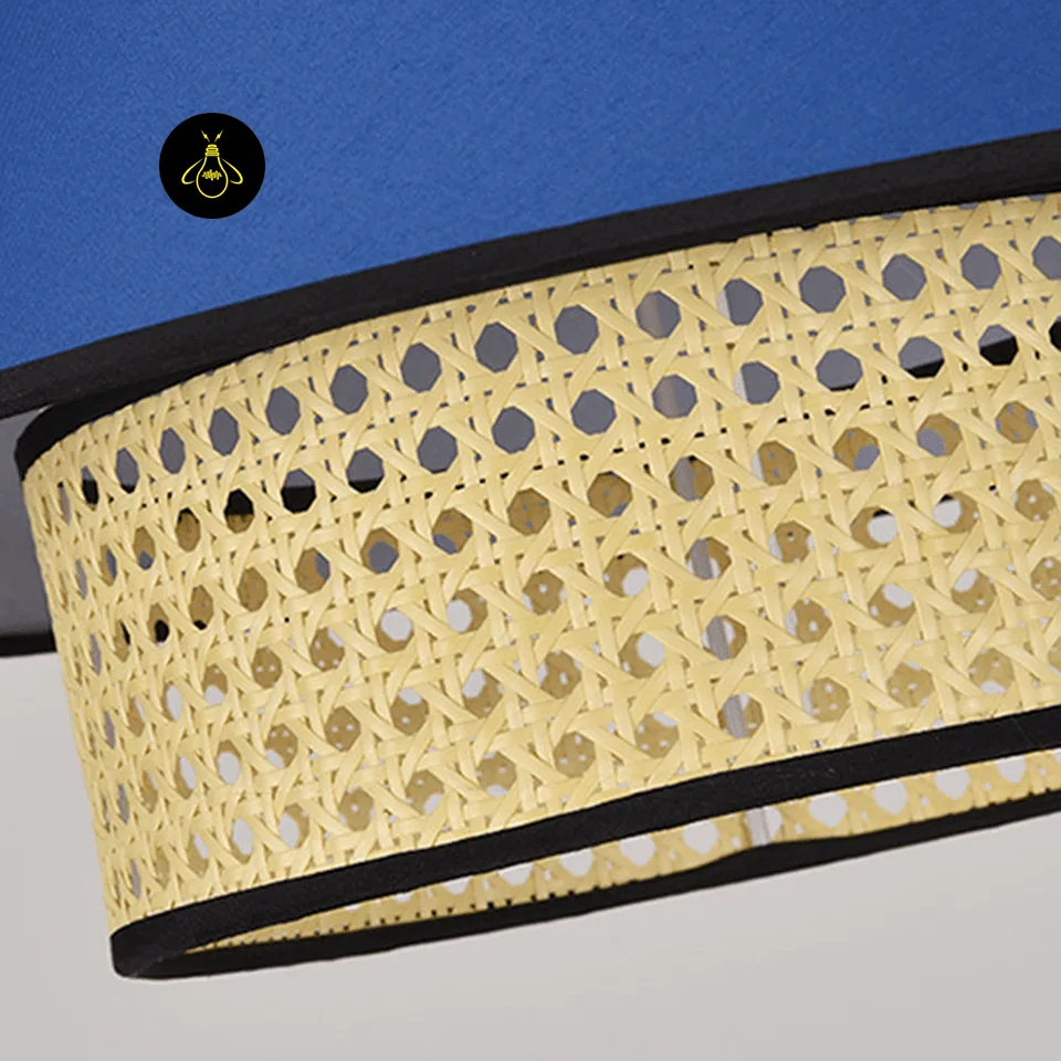 Rattan and Fabric Pendant Light – 4-Tier Layered Drum, Red & Blue | Jagmag Lights 8 Close-up of woven rattan cane and linen fabric tiers on the rattan and fabric pendant light