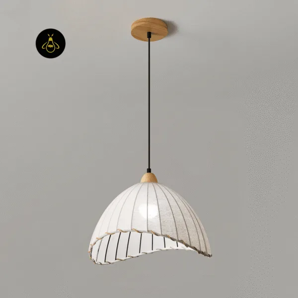 Linen cloth pendant light unlit, off-white linen dome with slim black stainless steel ribs inside and a wood ceiling canopy