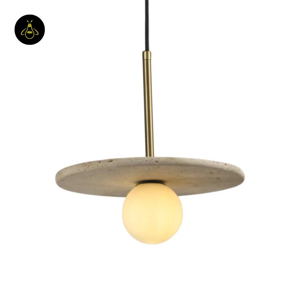 Stone pendant light with travertine disc and opal glass globe for a dining room