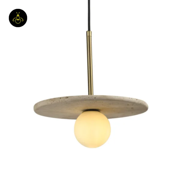 Stone pendant light with a 25 cm travertine disc, brass-finish stainless steel stem and opal borosilicate glass globe, front view