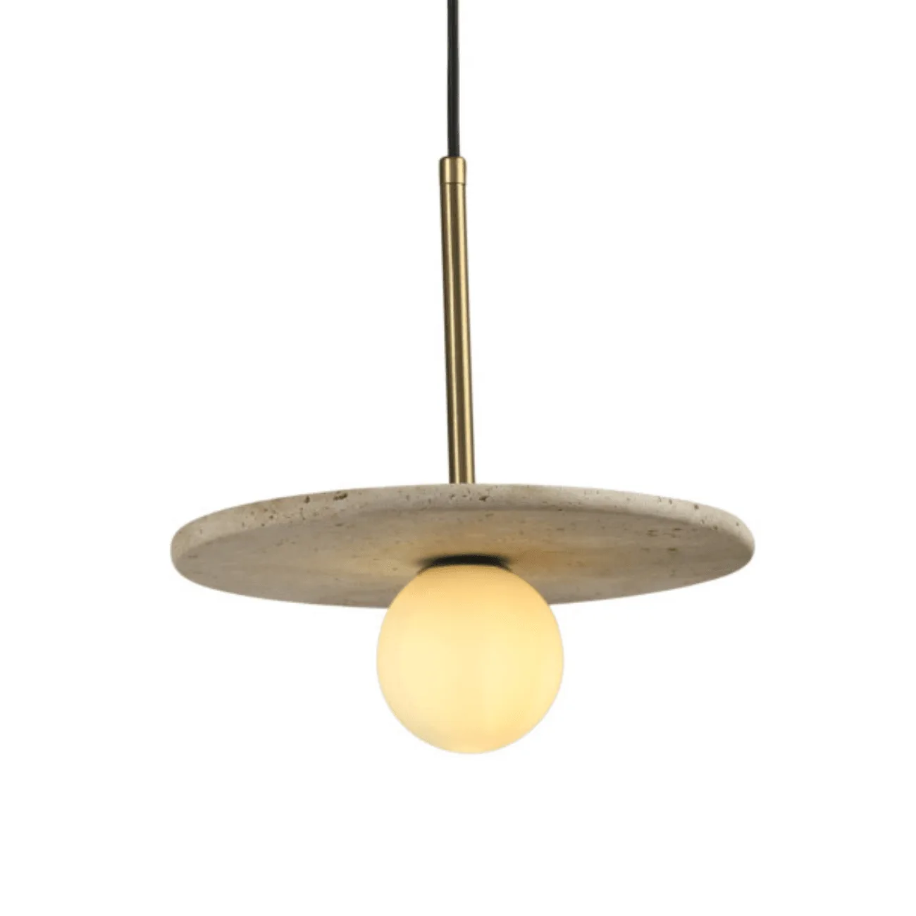 Stone pendant light with a 25 cm travertine disc, brass-finish stainless steel stem and opal borosilicate glass globe, front view