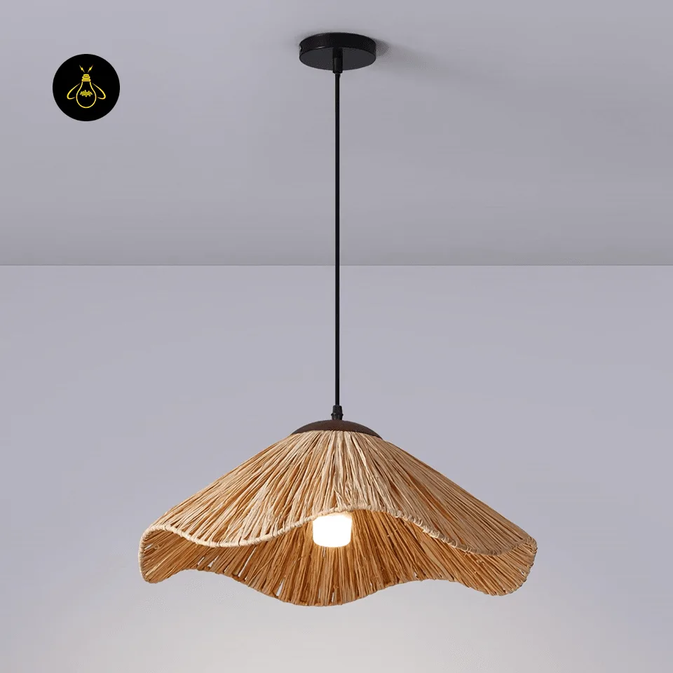 Straw Pendant Light – Handwoven Wavy Natural Shade, 48 cm 2 Straw pendant light angled view showing the wavy woven natural shade