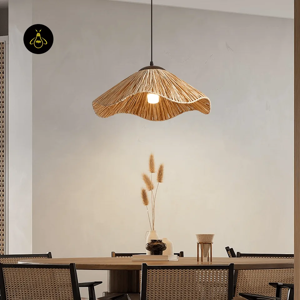 Straw Pendant Light – Handwoven Wavy Natural Shade, 48 cm 3 Straw pendant light glowing warm above a dining table