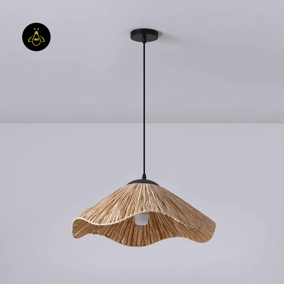 Straw Pendant Light – Handwoven Wavy Natural Shade, 48 cm 6 Straw pendant light side view showing the low wavy woven profile