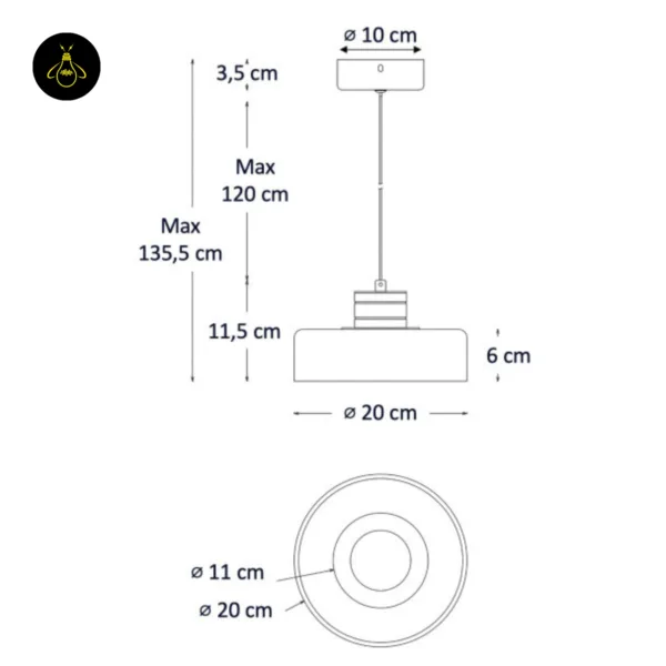 Smoked glass drum pendant light dimension drawing: 20 cm shade, 6 cm tall, 11 cm opal core, 10 cm canopy, max 120 cm drop