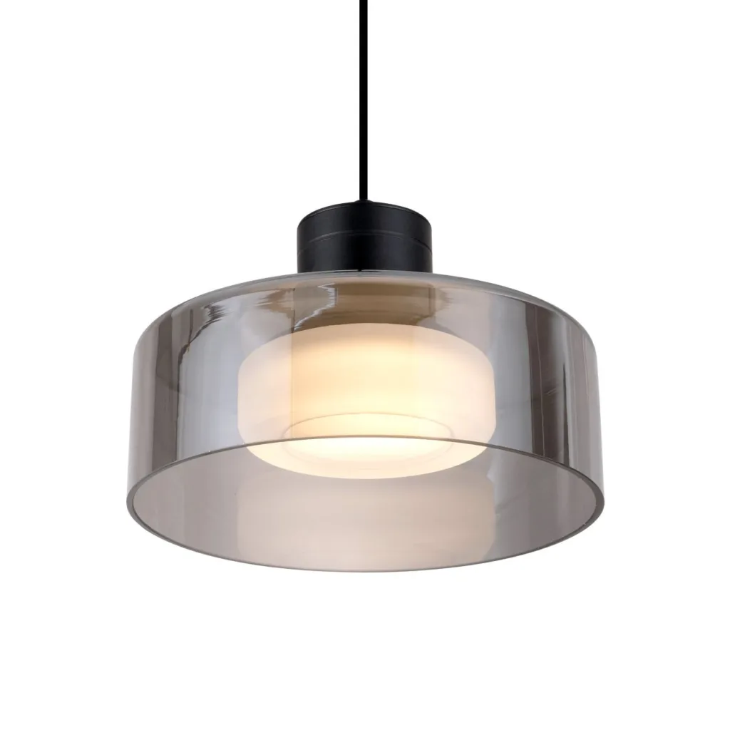 Smoky glass pendant light shown on a plain studio background