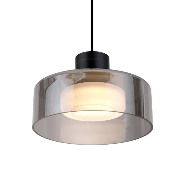 Smoked glass drum pendant light on a white background, smoke-grey drum with glowing opal core and matte black cap