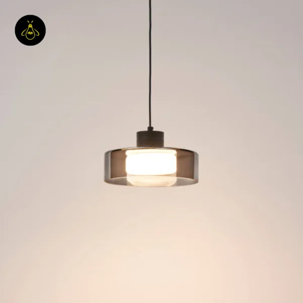 Smoked glass drum pendant light lit on a black wire against a warm wall