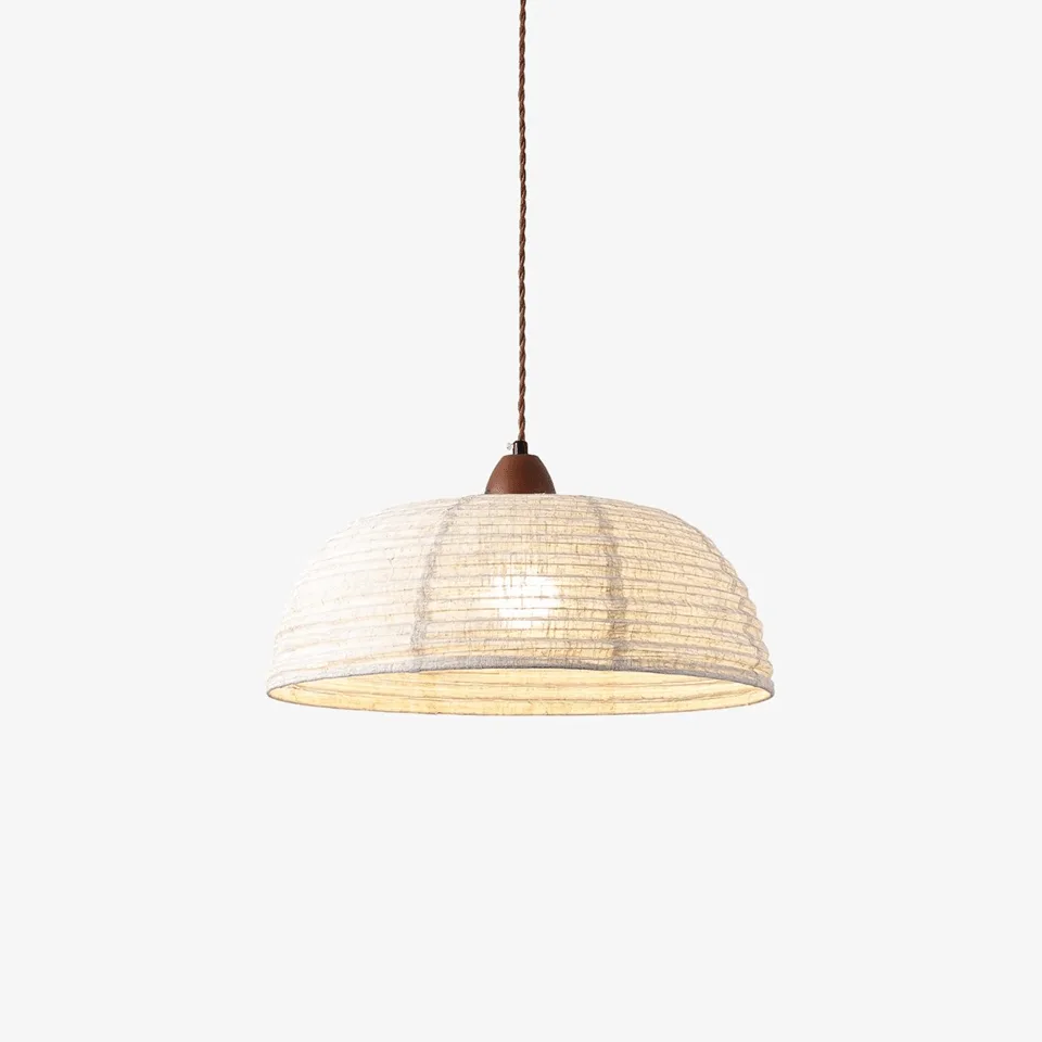 Japanese pendant light with a wabi-sabi fabric dome shade and walnut wood cap
