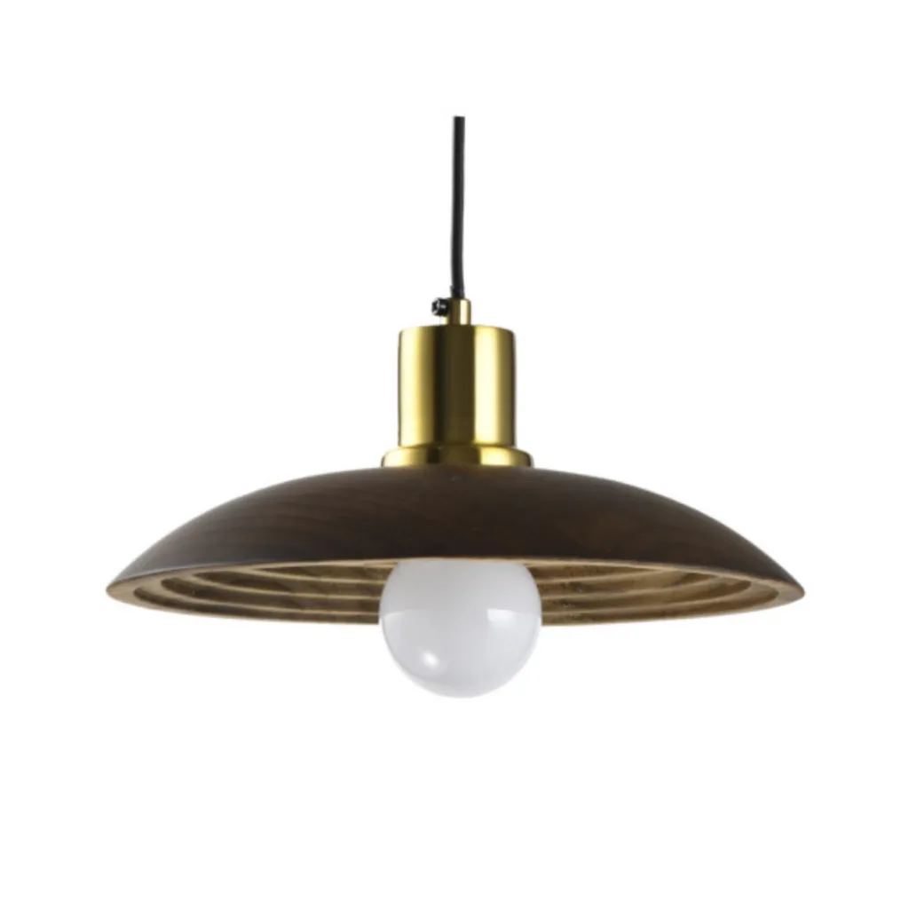 Wood and brass pendant light with a carved 25 cm domed shade