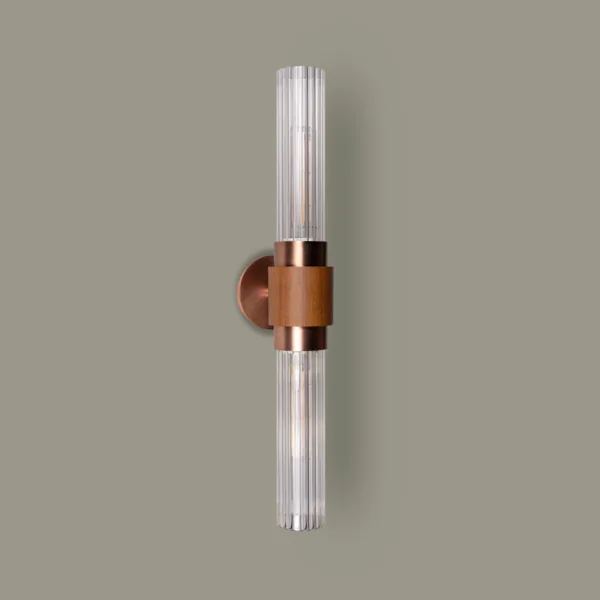 Fluted Glass Wall Light – Twin Wood & Copper Sconce, 59 cm — 3D preview