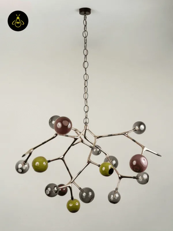 15-light glass globe cluster chandelier with bronze branch frame, front view