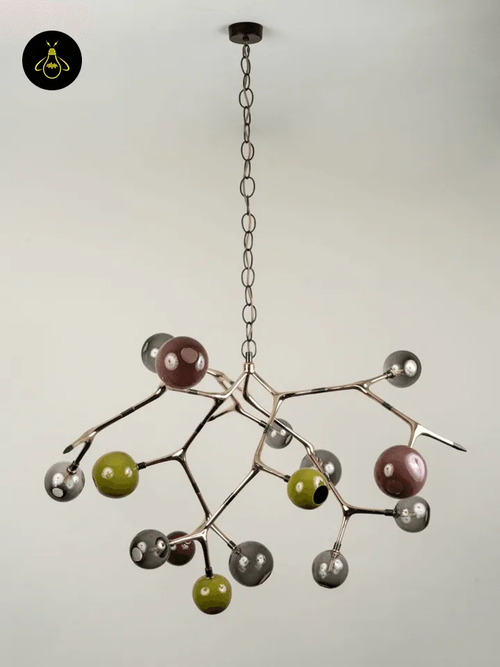 Cluster Chandelier – 15-Light Glass Globe Bronze Branch Design, 140 cm 6 15-light glass globe cluster chandelier with bronze branch frame, front view