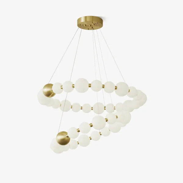 Two-tier pearl chandelier in white pearls and brass finish hanging from a gold canopy