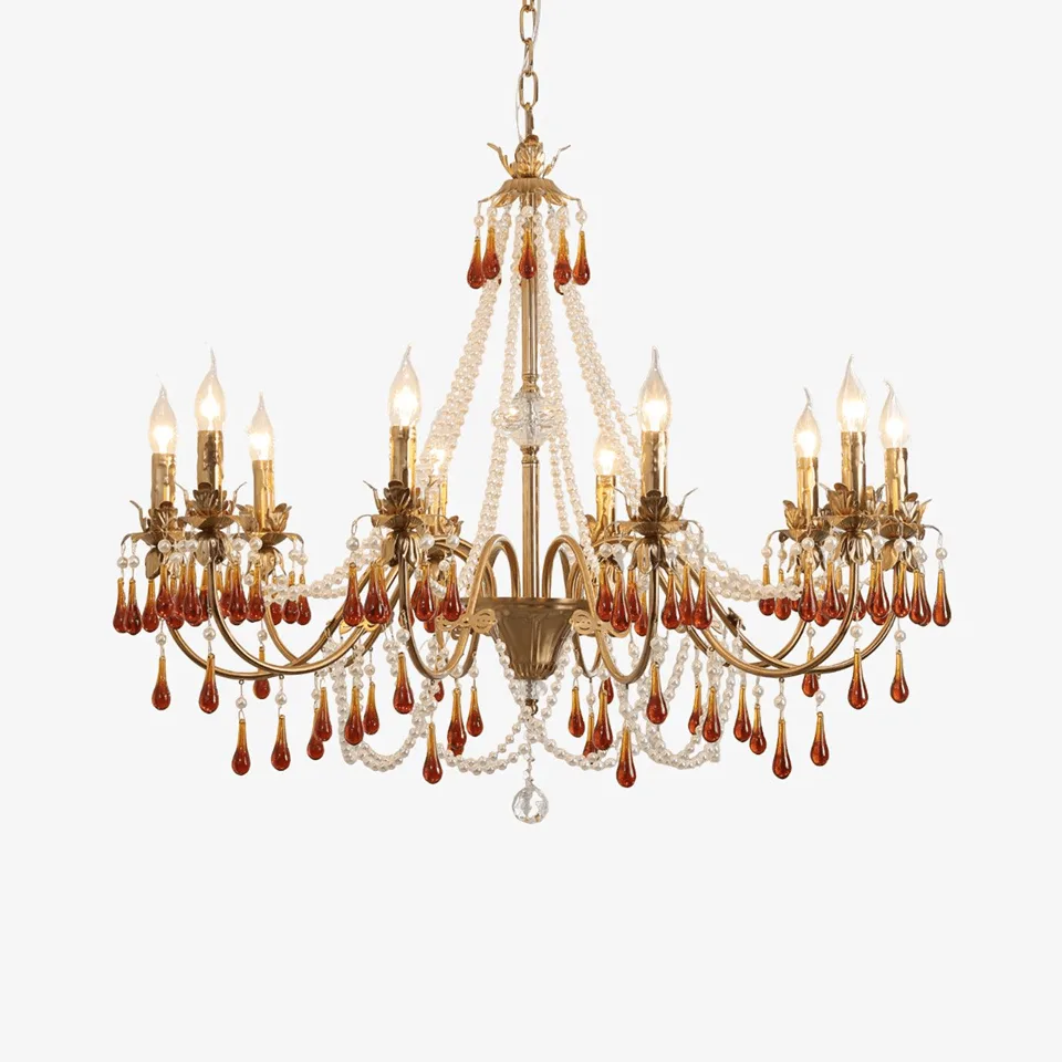 Amber crystal chandelier in gold finish with amber glass teardrop crystals